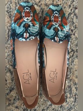 AGL Multicolor Teal and Brown Velvet Patterned Loafers